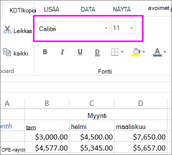 Fontin tyylin tai koon valitseminen valintanauhan fonttipainikkeiden avulla