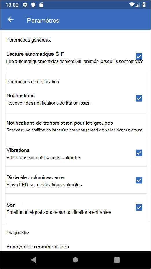 Options des paramètres De Yammer sur Android