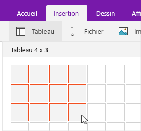 Commande Insérer un tableau affichant la grille de sélection