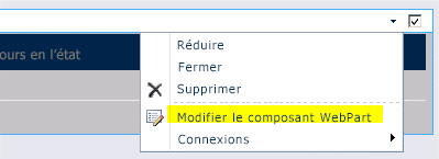 Commande Modifier le composant WebPart dans le menu WebPart