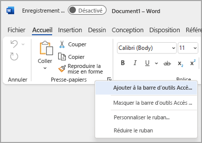 Image de la liste déroulante de la barre d’outils Personnaliser l’accès rapide pour ajouter des commandes