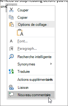 Sélectionnez Nouveau commentaire dans le menu contextuel