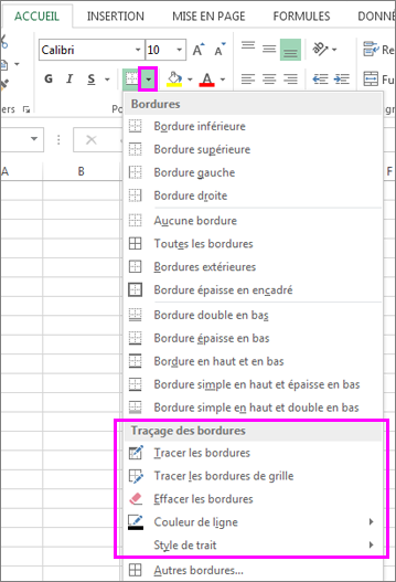 Menu déroulant Bordure permettant de sélectionner les options de traçage des bordures