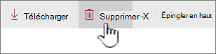 Icône Supprimer et lien mis en évidence dans la barre de liens supérieure