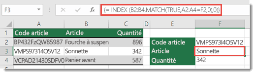 Utilisez les fonctions INDEX et EQUIV pour rechercher les valeurs de plus de 255 caractères.