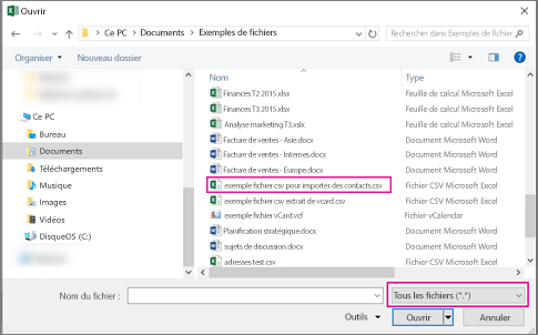 Pour trouver le fichier CSV, n’oubliez pas de rechercher dans Tous les fichiers.
