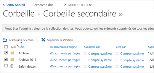 SharePoint - Corbeille second niveau avec le bouton Restaurer mis en évidence