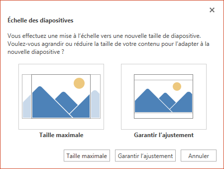 Sélectionnez Agrandir pour tirer pleinement parti de l’espace disponible, ou sélectionnez Garantir l’ajustement pour ajuster votre contenu sur la page verticale.