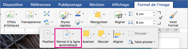 Cliquez sur Habillage pour sélectionner la manière dont vous voulez disposer le texte autour d’une image ou d’un objet dessin.