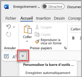 Emplacement de la barre d’outils Accès rapide sous le ruban