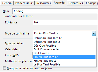 Boîte de dialogue Informations sur la tâche, menu Type de contrainte