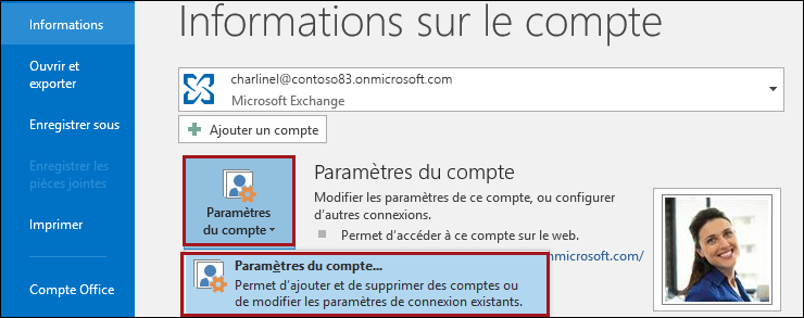 Paramètres de compte dans Outlook