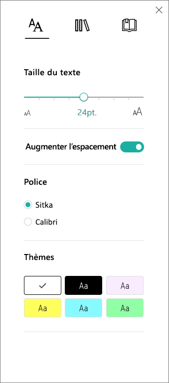 Menu Options de texte dans le lecteur immersif p