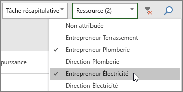 Capture d’écran de la liste déroulante Filtrer les ressources sur le tableau de tâches avec deux ressources sélectionnées