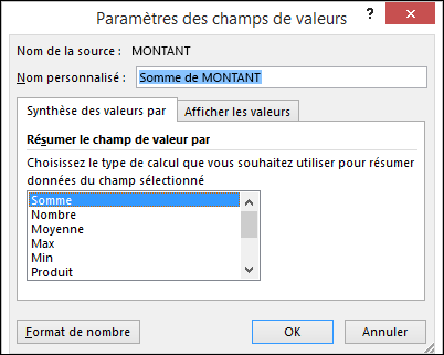 Excel - Boîte de dialogue Paramètres des champs de valeurs - Option Synthèse des valeurs par