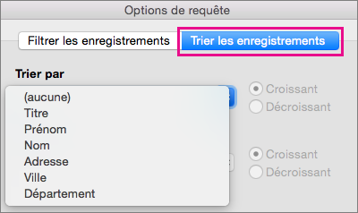 Cliquer sur Trier les enregistrements pour trier les éléments du publipostage