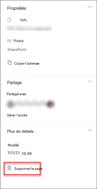 Capture d’écran de l’option Supprimer la page dans le volet Détails de la page