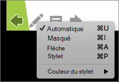 Capture d’écran montrant les options disponibles pour le pointeur utilisé dans un diaporama. Les options sont Automatique, Masqué, Flèche, Stylet et Couleur du stylet.