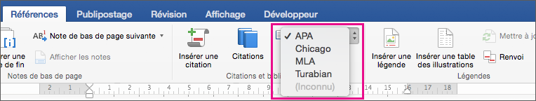 Sous l’onglet Références, les styles de citation sont mis en évidence.