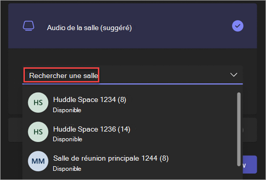 Capture d’écran de la barre de recherche de l’option Audio de salle dans l’écran de préjoination de réunion Teams.