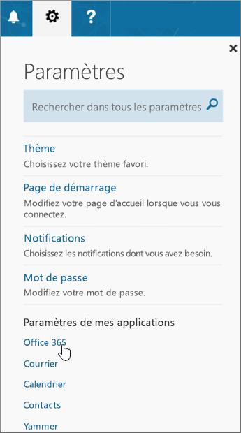 Volet Paramètres d’Office 365