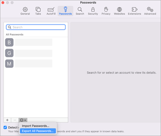 Menu des mots de passe dans les paramètres Safari avec l’option Exporter tous les mots de passe sélectionnée.