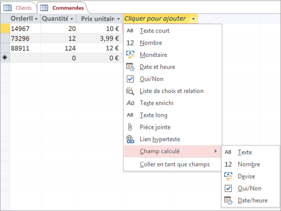 Ajouter un nouveau champ avec le type de données Champ calculé