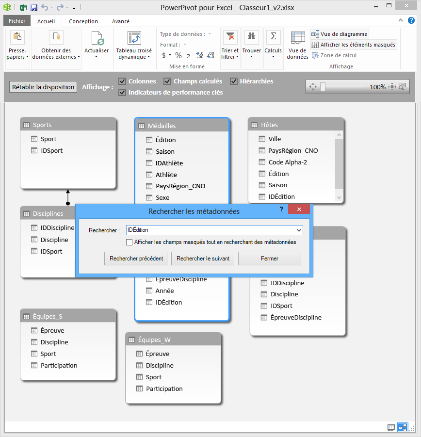 Utilisation de la fonctionnalité Rechercher en vue de diagramme dans Power Pivot