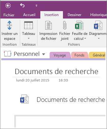 Capture d’écran de l’insertion d’un diagramme Visio dans OneNote 2016