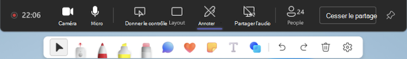 Menu déroulant de l’outil Annoter dans les réunions Teams.