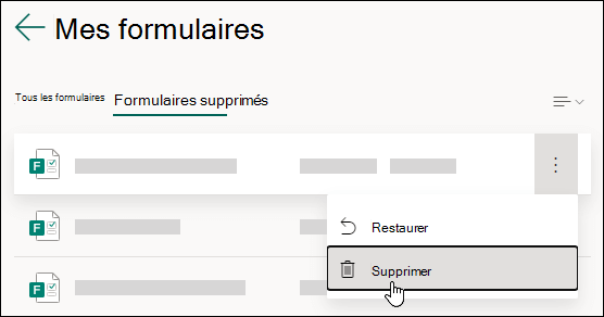 Suppression d’un formulaire sous l’onglet Formulaires supprimés de Microsoft Forms.