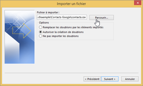 Recherchez le fichier CSV contenant vos contacts et choisissez le mode de traitement des contacts en double