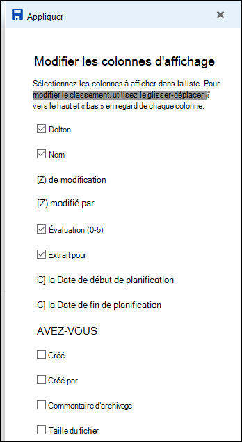 Affichage de liste Modifier la liste de la bibliothèque de documents