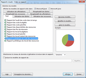 Liste de modèles de rapports visuels Excel dans la boîte de dialogue Afficher les rapports