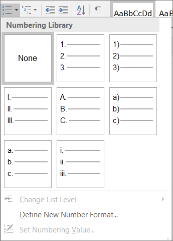 Capture d’écran des options de style de numérotation