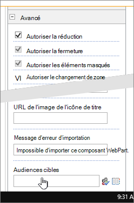 Section avancée des propriétés du composant WebPart avec l’audience cible mise en surbrillance