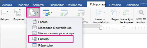 Sous l’onglet Publipostage, l’option Démarrer le publipostage et l’option Étiquettes sont mises en évidence