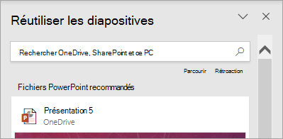 Le volet Réutiliser les diapositives comporte une zone de recherche en haut