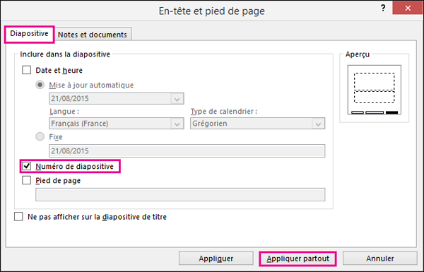 afficher la boîte de dialogue en-tête et pied de page dans powerpoint