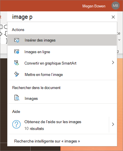 Zone de recherche dans PowerPoint avec des images recherchées,