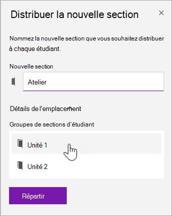 Choisissez un emplacement de groupe de sections.