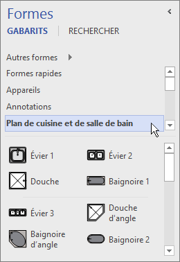 Visio affiche des formes à partir du gabarit sélectionné (Plan de cuisine et de salle de bain)