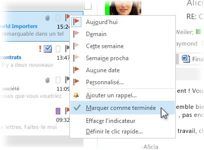 Commande Marquer comme terminé du menu contextuel dans la liste de messages