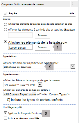 Liste des propriétés des composants WebPart de requête de contenu avec trois légendes