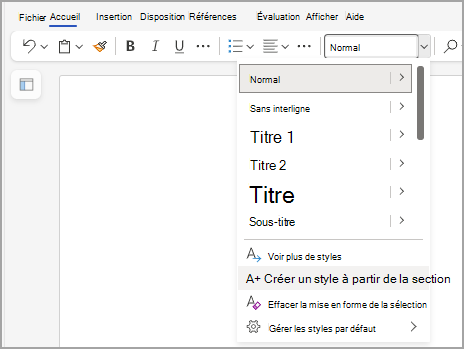 Affiche le menu style dans Word pour le web, avec « Créer un style à partir de la sélection » mis en évidence en bas de la liste.