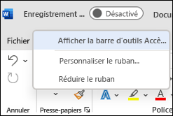 Image de l’option pour afficher la barre d’outils Accès rapide