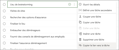 Boîte de dialogue répertoriant les tâches. Le bouton Copier le lien vers la tâche est mis en surbrillance.