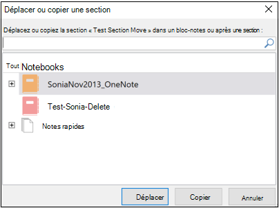 OneNote pour Windows 2016 - Boîte de dialogue Déplacer ou copier une section