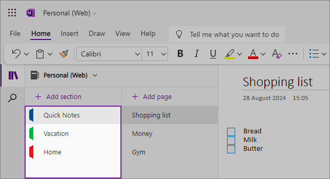 Affichage de l’interface utilisateur web OneNote montrant la zone de contenu