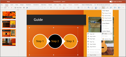 Diapositive avec 2 objets sélectionnés et Aligner sur diapositive sélectionnés dans le menu Organiser